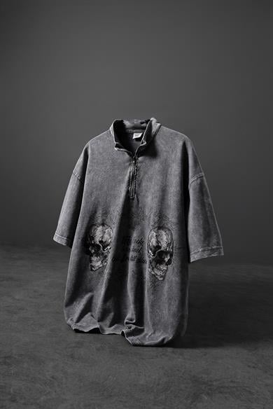 Erkek Gri Still Alive Özel Yıkamalı Kumaş Oversize Tshirt