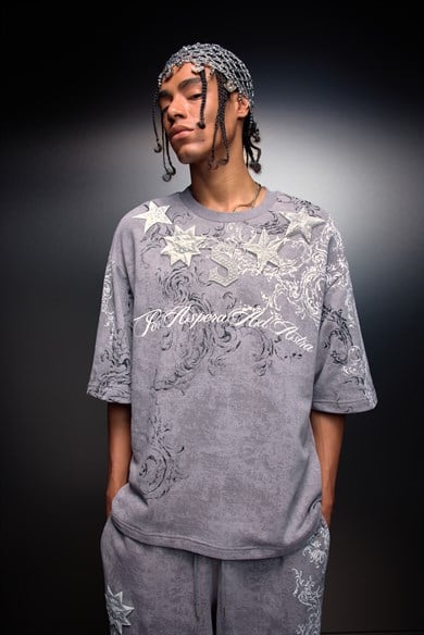 Erkek Gri SuperStar Baskılı Oversize Yıkama Efektli Tshirt