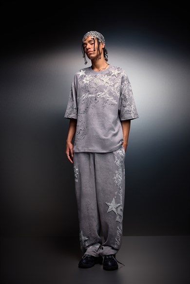 Erkek Gri SuperStar Baskılı Oversize Yıkama Efektli Tshirt