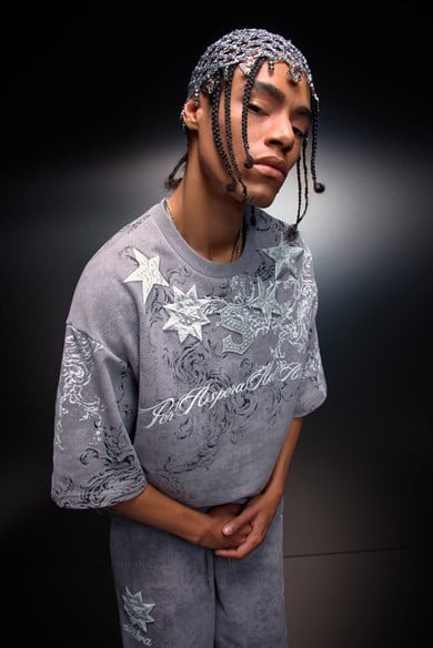 Erkek Gri SuperStar Baskılı Oversize Yıkama Efektli Tshirt