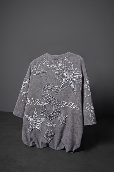 Erkek Gri SuperStar Baskılı Oversize Yıkama Efektli Tshirt
