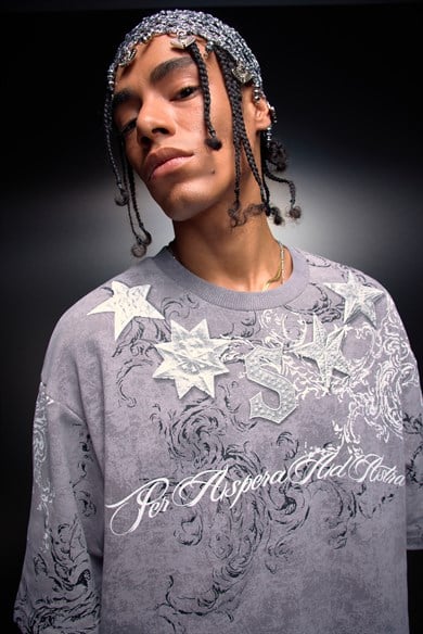 Erkek Gri SuperStar Baskılı Oversize Yıkama Efektli Tshirt