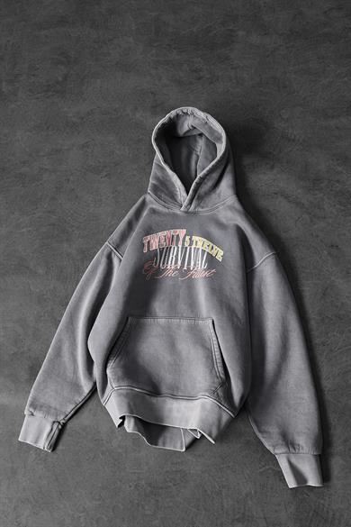Erkek Gri Survival Yıkamalı Baskılı Oversize Kapüşonlu Sweatshirt