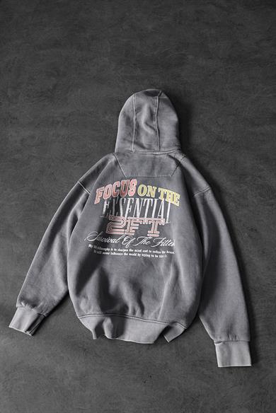 Erkek Gri Survival Yıkamalı Baskılı Oversize Kapüşonlu Sweatshirt