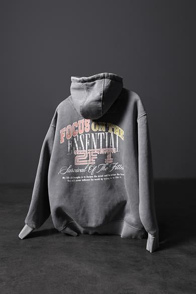Erkek Gri Survival Yıkamalı Baskılı Oversize Kapüşonlu Sweatshirt