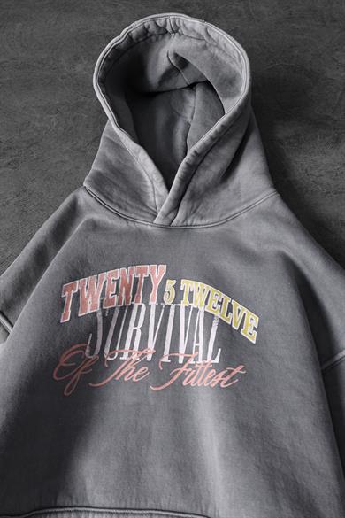 Erkek Gri Survival Yıkamalı Baskılı Oversize Kapüşonlu Sweatshirt