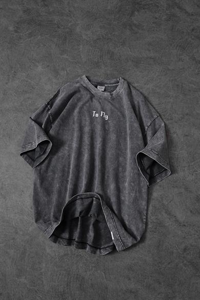 Erkek Gri TO FLY Özel Yıkamalı Kumaş Oversize Tshirt