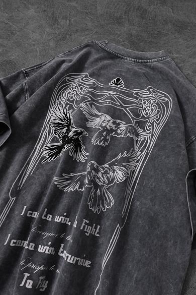 Erkek Gri TO FLY Özel Yıkamalı Kumaş Oversize Tshirt