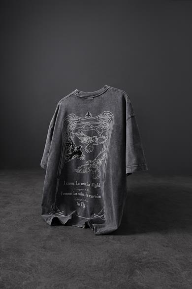 Erkek Gri TO FLY Özel Yıkamalı Kumaş Oversize Tshirt