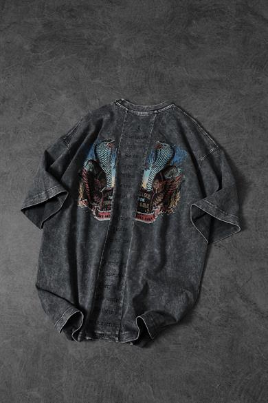 Erkek Gri Viper Özel Yıkamalı Kumaş Oversize Tshirt