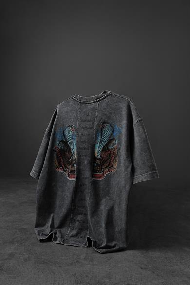 Erkek Gri Viper Özel Yıkamalı Kumaş Oversize Tshirt