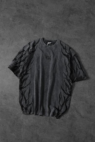 Erkek Gri War Özel Yıkamalı Kumaş Oversize Tshirt