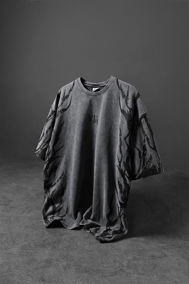Erkek Gri War Özel Yıkamalı Kumaş Oversize Tshirt