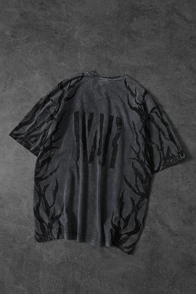 Erkek Gri War Özel Yıkamalı Kumaş Oversize Tshirt