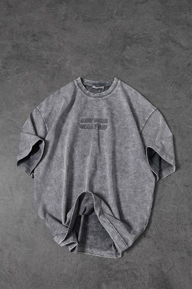 Erkek Gri Whats Your Weapon? Nakışlı Özel Yıkamalı Oversize Tshirt