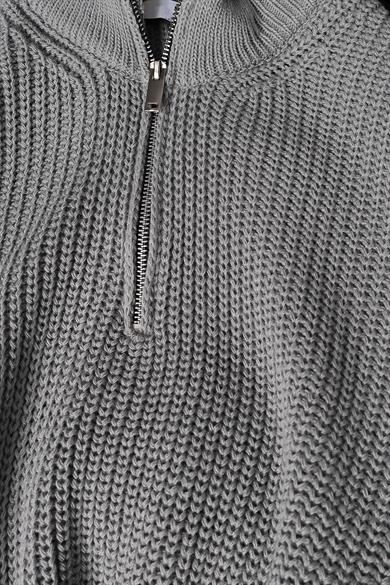 Erkek Gri Yarım Fermuar Oversize Örme Kazak