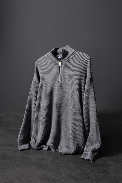 Erkek Gri Yarım Fermuar Oversize Örme Kazak