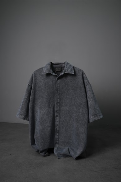 Erkek Gri Yıkama Efektli Kısa Kol Oversize Gömlek
