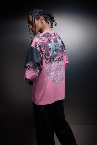 Erkek Gül Kurusu Puzzle Kabartma Baskılı Oversize Tshirt