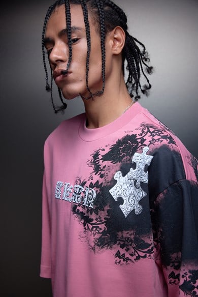 Erkek Gül Kurusu Puzzle Kabartma Baskılı Oversize Tshirt