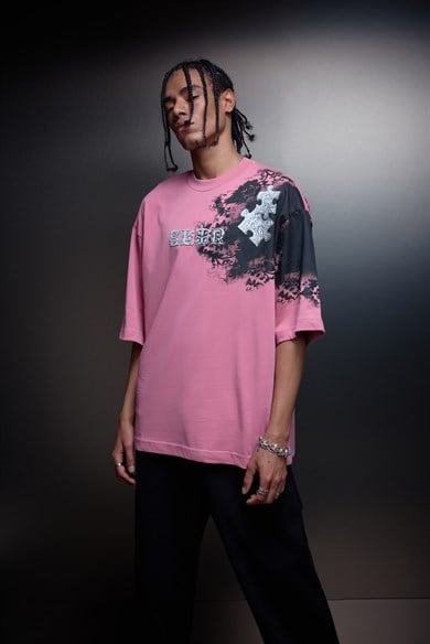 Erkek Gül Kurusu Puzzle Kabartma Baskılı Oversize Tshirt