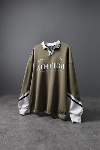 Erkek Haki Aimhigh Baskılı Polo Yaka Oversize Sweatshirt