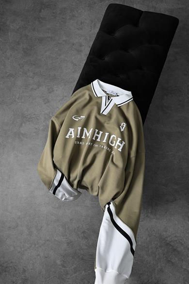 Erkek Haki Aimhigh Baskılı Polo Yaka Oversize Sweatshirt