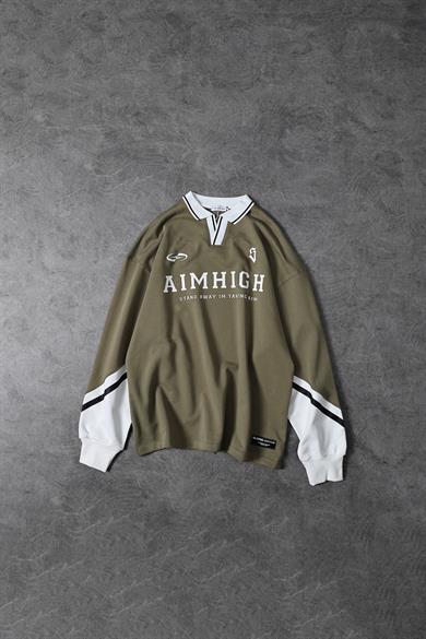 Erkek Haki Aimhigh Baskılı Polo Yaka Oversize Sweatshirt