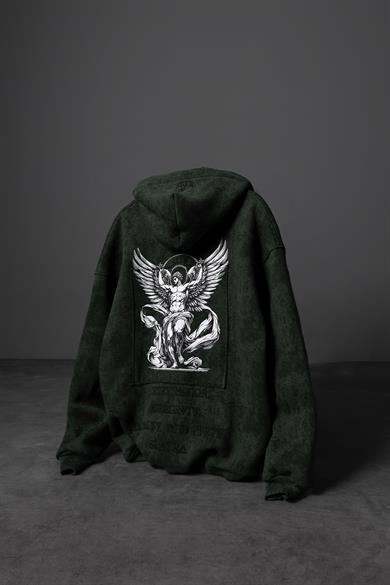 Erkek Haki Antik Desen Nakışlı Yıkamalı Oversize Kapüşonlu Sweatshirt