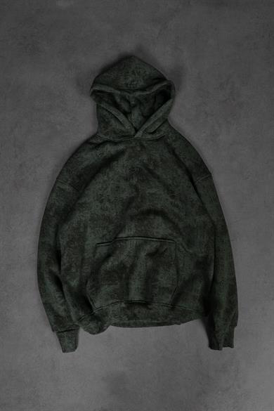 Erkek Haki Antik Desen Nakışlı Yıkamalı Oversize Kapüşonlu Sweatshirt