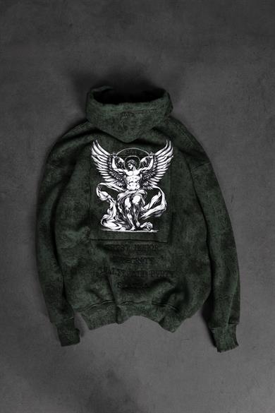 Erkek Haki Antik Desen Nakışlı Yıkamalı Oversize Kapüşonlu Sweatshirt
