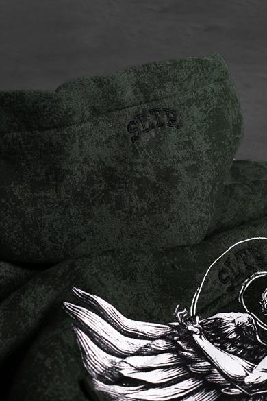 Erkek Haki Antik Desen Nakışlı Yıkamalı Oversize Kapüşonlu Sweatshirt