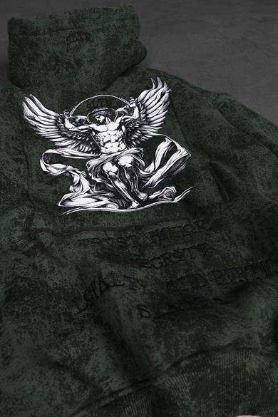 Erkek Haki Antik Desen Nakışlı Yıkamalı Oversize Kapüşonlu Sweatshirt