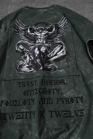 Erkek Haki Antik Desen Patchli Nakışlı Yıkamalı Oversize Tshirt