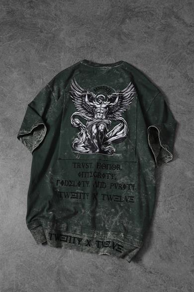 Erkek Haki Antik Desen Patchli Nakışlı Yıkamalı Oversize Tshirt