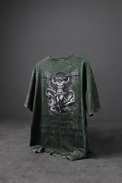 Erkek Haki Antik Desen Patchli Nakışlı Yıkamalı Oversize Tshirt