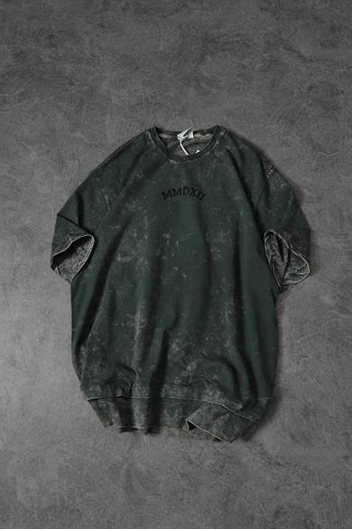 Erkek Haki Antik Desen Patchli Nakışlı Yıkamalı Oversize Tshirt