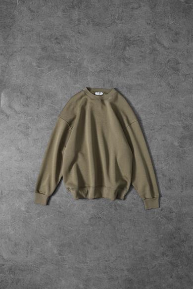 Erkek Haki Basic Bisiklet Yaka Oversize Sweatshirt