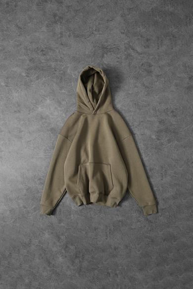 Erkek Haki Basic Kapüşonlu Oversize Sweatshirt