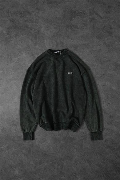 Erkek Haki Basic Yıkamalı Bisiklet Yaka Oversize Sweatshirt