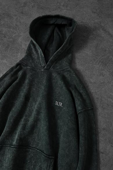 Erkek Haki Basic Yıkamalı Kapüşonlu Oversize Sweatshirt
