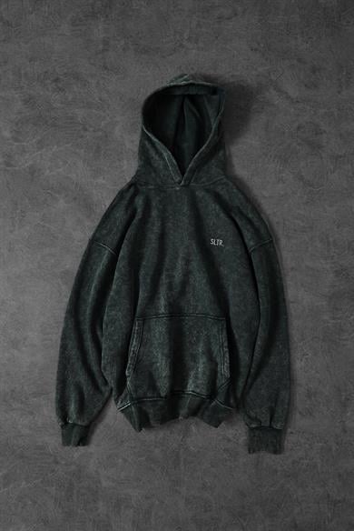 Erkek Haki Basic Yıkamalı Kapüşonlu Oversize Sweatshirt