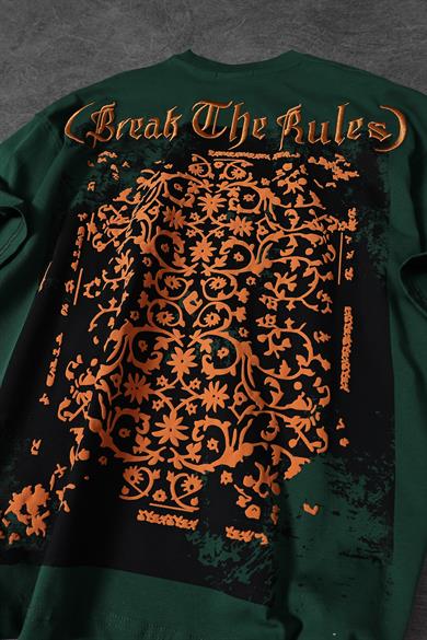 Erkek Haki Break The Rules Kabartma Baskılı Nakışlı Oversize Tshirt