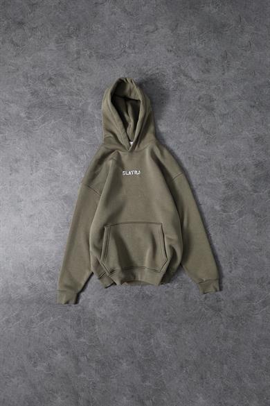Erkek Haki Chaos Team Nakışlı Kapüşonlu Oversize Sweatshirt