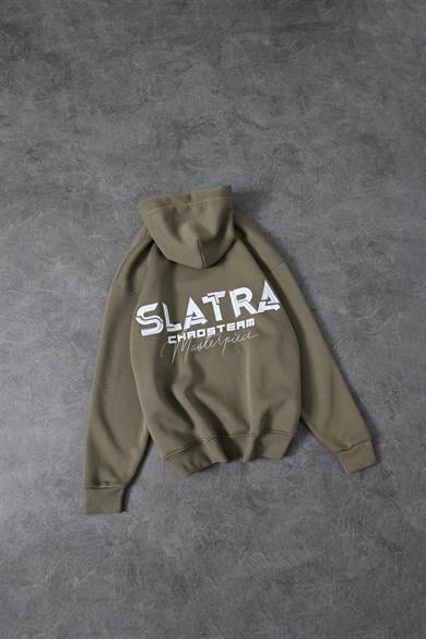 Erkek Haki Chaos Team Nakışlı Kapüşonlu Oversize Sweatshirt