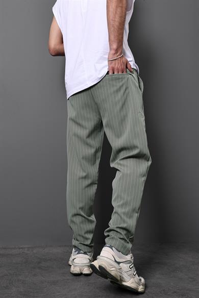 Erkek Haki Çizgili Pileli Regular Fit Pantolon