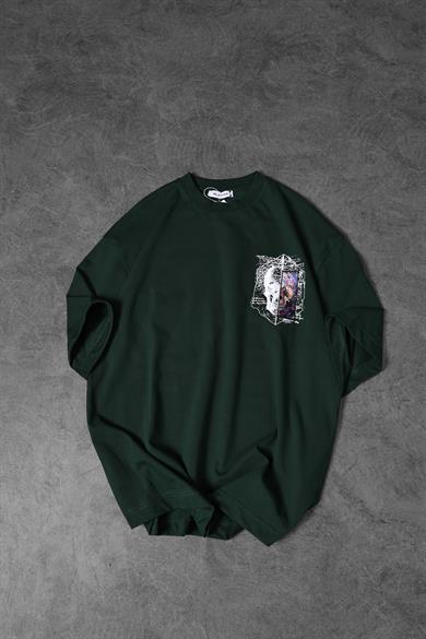 Erkek Haki Completed Nakış ve  Patch Ve  Baskılı Oversize Tshirt