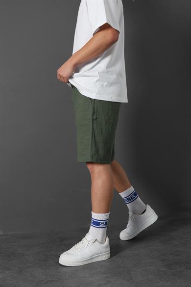 Erkek Haki Dokulu Keten Şort