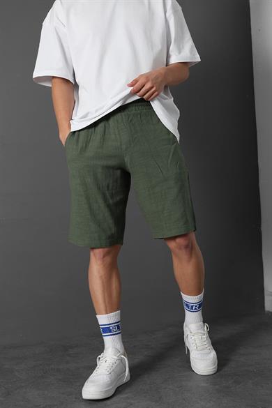 Erkek Haki Dokulu Keten Şort