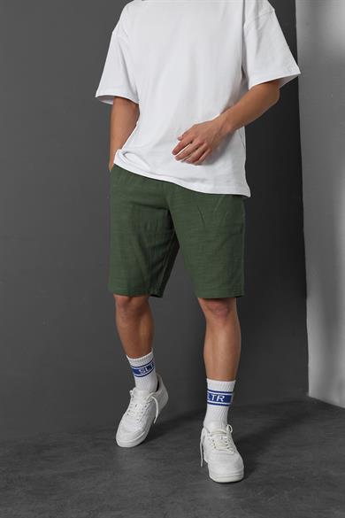 Erkek Haki Dokulu Keten Şort